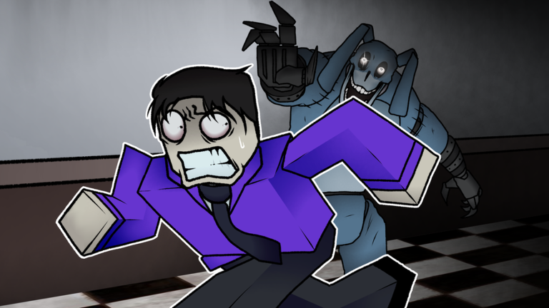 A frightened player character in a purple suit running from a tall grinning entity in Caretakers.